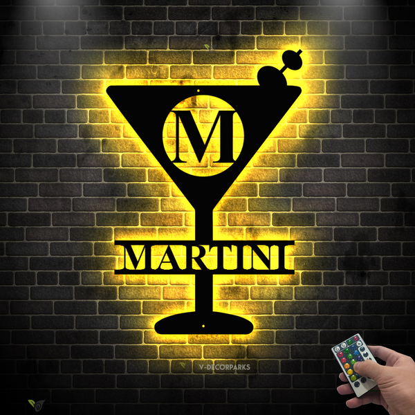 Personalized Martini Initial Metal Sign With Led Lights, Custom Martini Cocktail Metal Bar Sign, Martini Drinks Bar Metal Wall Hanging Sign