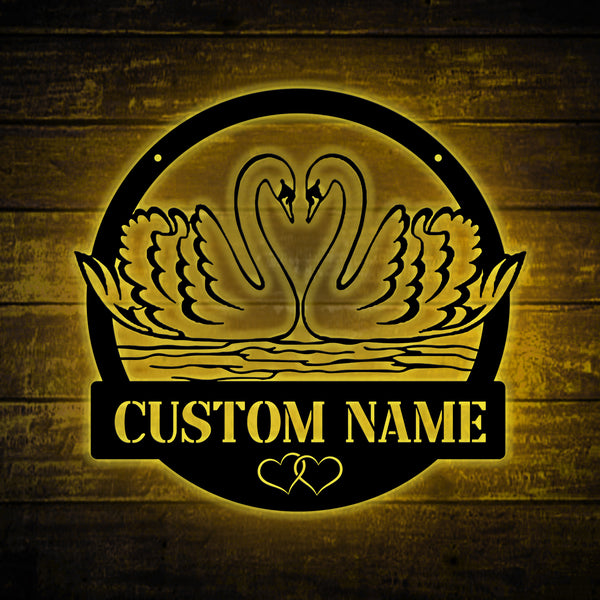 Personalized Swan Couple Metal Sign With Led Lights, Romantic Swan Couple Metal Wall Art, Custom Name Couple Swan Metal Sign Anniversary Gift