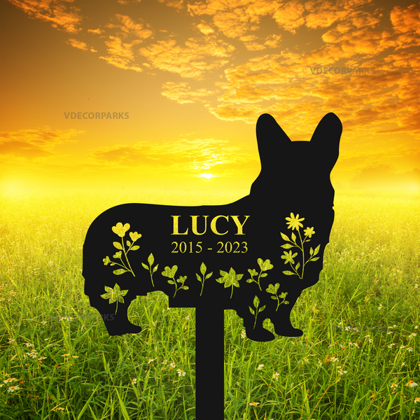 Personalized Pembroke Welsh Corgi Dog Memorial Stake, Floral Corgi Dog Memorial Sympathy Sign, Pet Metal Grave Marker, Dog Loss Remembrance Stake