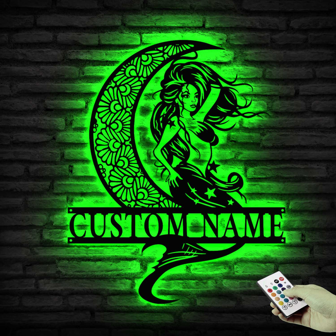 Custom Mermaid On Crescent Moon Metal Wall Art Led Lights, Personalized Mermaid Tail Metal Sign Home Decor, Beautiful Mermaid Metal Wall Sign