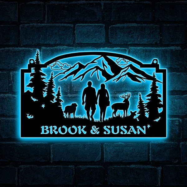 Couple At Farm And Nature Metal Sign Led Lights, Personalized Family Name Farmhouse Metal Sign, Mountain Forest Wildlife Metal Wall Sign