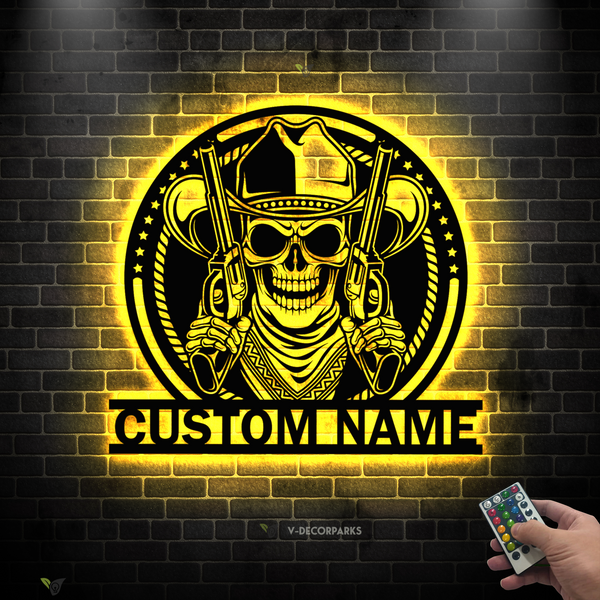 Custom Western Cowboy Skull Hold Gun Metal Sign Led Lights, Personalized Dallas Cowboy Skull Metal Sign, Cowboy Skull Gun Man Cave Metal Decor