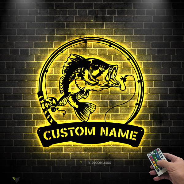 Custom Name Bass Fishing Metal Wall Art Led Lights, Personalized Fisherman Metal Name Sign, Bass Fishing Metal Sign Cabin Outdoor Decor