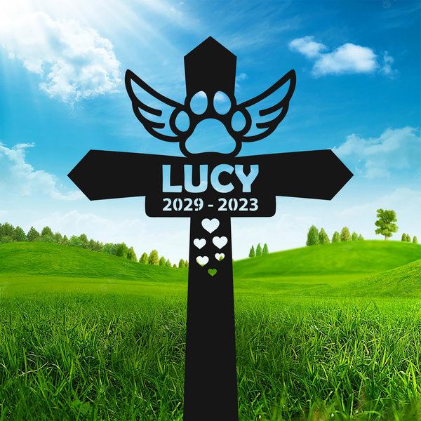 Custom Dog Memorial Cross Metal Sign With Stake, Dog Paw With Wings Memorial Cross Stake, Memorial Cross Pet Grave Marker, Pet Loss Sympathy Sign