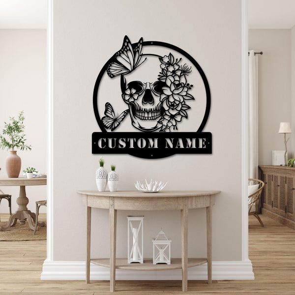 Personalized Flower Sugar Skull With Butterfly Metal Sign, Custom Name Skull With Flowers Metal Wall Art, Floral Skull Metal Sign Home Decor