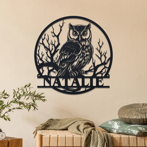 Custom Owl On The Branch Metal Wall Art, Personalized Owl Metal Name Sign, Owl Metal Wall Art Home Decor, Owl Lover Gift Halloween Decor