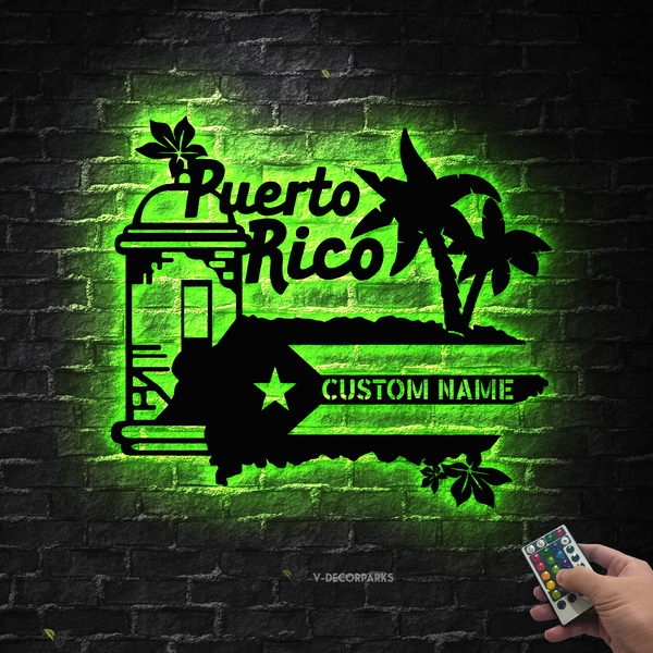 Custom Puerto Rico Flag Metal Wall Art Led Lights, Personalized El Morro Puerto Rico Map Metal Sign Decor, Born In Puerto Rico Metal Wall Art