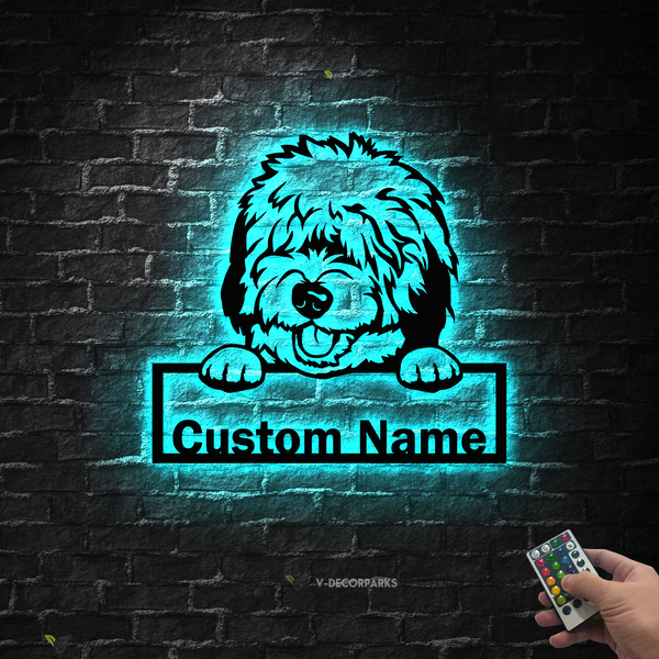 Custom Old English Sheepdog Dog Metal Sign Led Lights, English Sheepdog Metal Name Sign, Peeking Sheepdog Metal Wall Decor, Pet Dog House Sign