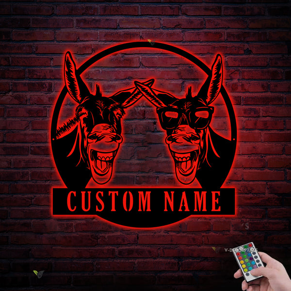 Personalized Funny Donkey Metal Farm Sign With Led Lights, Custom Name Donkey Farmhouse Metal Wall Art, Donkey Barn Metal Entrance Sign