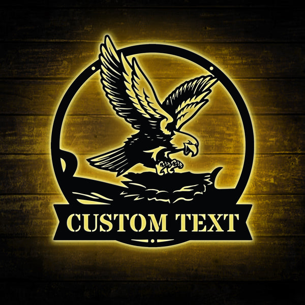 Custom Eagle's Nest Monogram Metal Sign With Led Lights, Eagle Metal Wall Art, Wildlife Eagle Cabin Metal Sign, Metal Eagle Sign For Home Decor