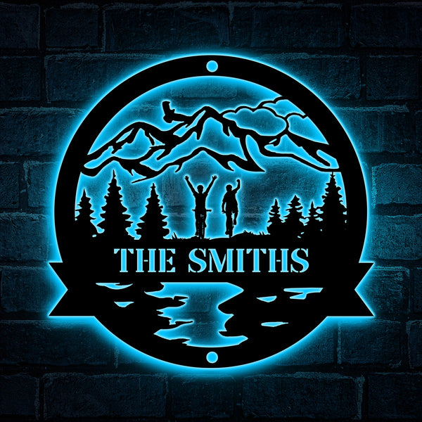Custom Mountain Biking Metal Sign Led Lights, Custom Family Name Couple Mountain Bike Metal Wall Art, Riding Bicycle Metal Sign Art