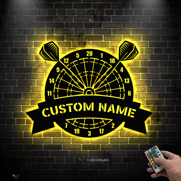 Custom Name Dartboard Metal Wall Art With Led Lights, Personalized Darts Game Metal Name Sign Home Decor, Darts Game Zone Mancave Metal Sign Art