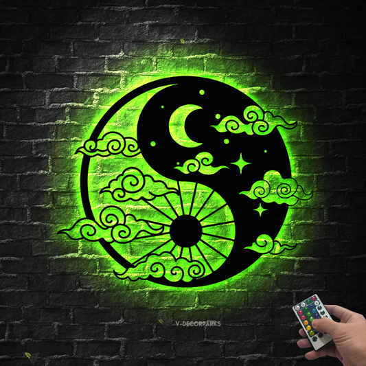 Yin Yang Sun And Moon Metal Wall Art With Led Lights, Yin Yang Meditation Room Metal Home Decor, Modern Metal Art Ying Yang Day And Night Metal Sign