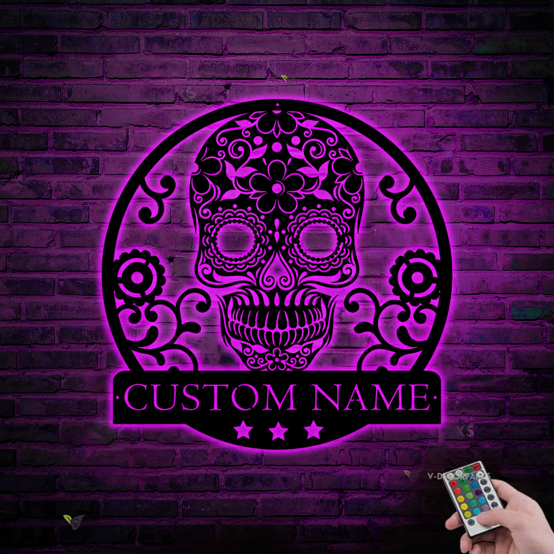 Custom Sugar Skull Metal Sign Art Led Lights, Personalized Sugar Skull Metal Name Sign, Sugar Skull Metal Led Sign Wall Hanging Decor