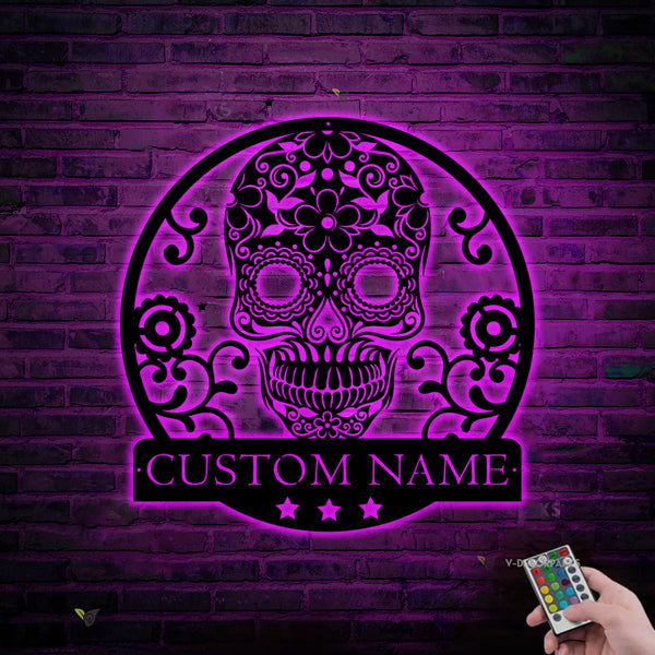 Custom Sugar Skull Metal Sign Art Led Lights, Personalized Sugar Skull Metal Name Sign, Sugar Skull Metal Led Sign Wall Hanging Decor