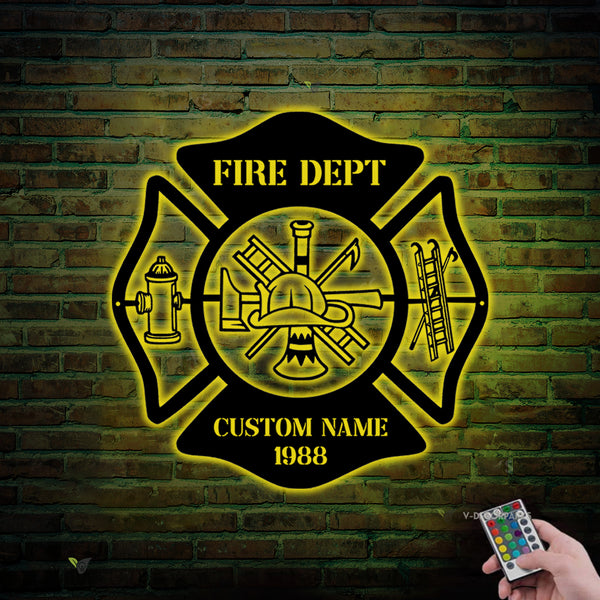 Personalized Fire Dept Maltese Cross Metal Sign With Led Lights, Custom Name Firefighter Fire Rescue Metal Sign, Fire Department Metal Wall Art