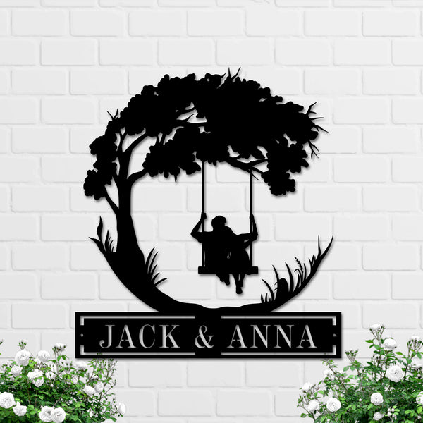 Custom Name Couple Swinging Under Tree Metal Wall Art, Personalized Swinging Couple Metal Name Sign, Tree Swing Metal Wedding Gift Home Decor