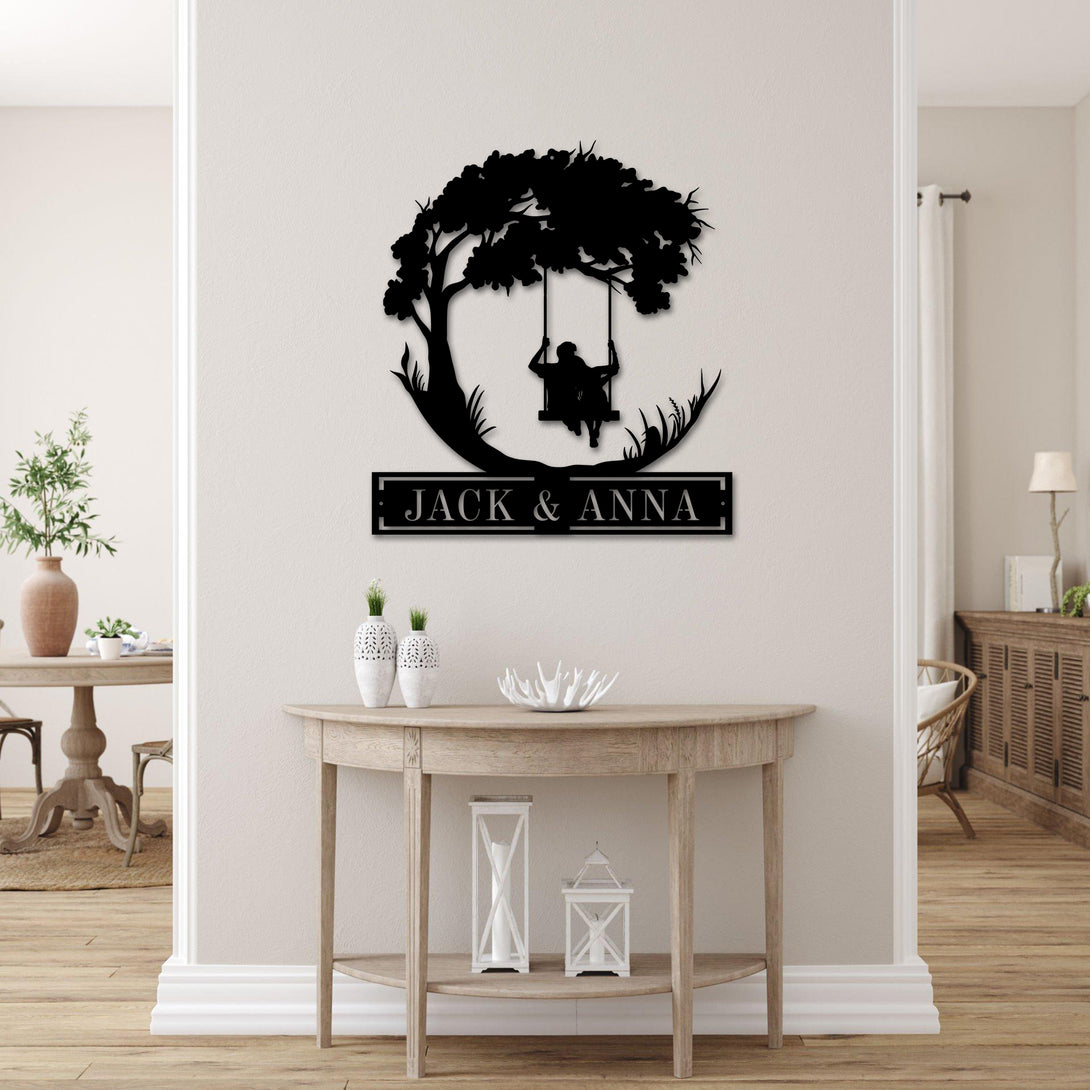 Custom Couple Swinging Under Tree Metal Wall Art, Personalized Couple Name Swinging Sign Annivesary Sign, Couple Swinging Metal Art Home Decor