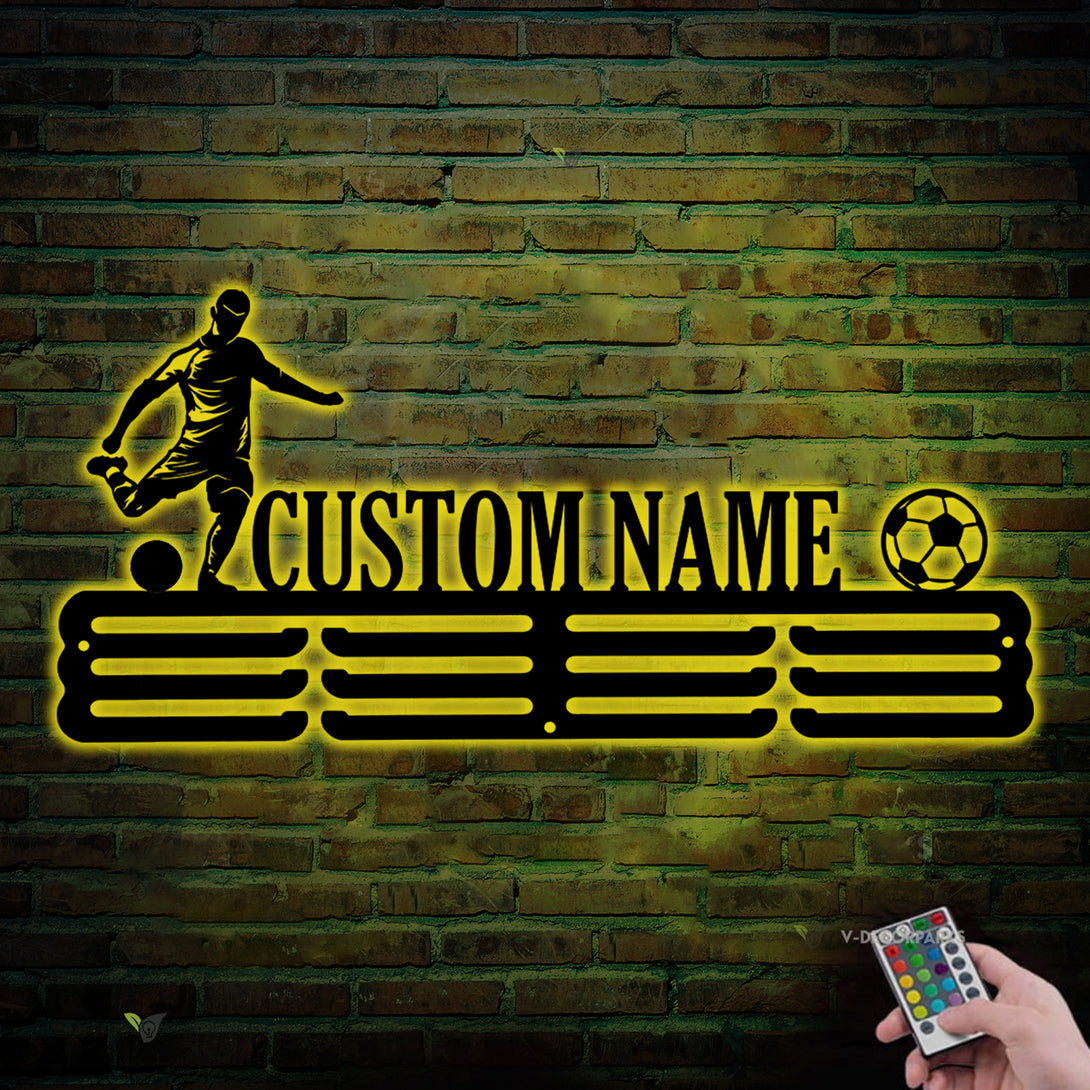 Custom Soccer Player Name Medal Hanger With Led Lights, Custom Soccer Sport Medal Holder, Soccer Metal Display Rack For Awards And Ribbons