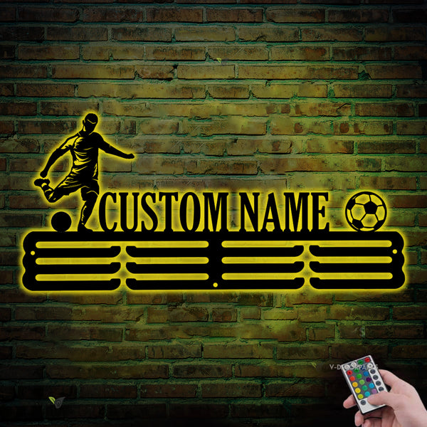 Custom Soccer Player Name Medal Hanger With Led Lights, Custom Soccer Sport Medal Holder, Soccer Metal Display Rack For Awards And Ribbons