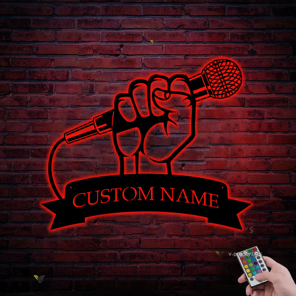 Personalized Microphone Metal Wall Art With Led Lights, Custom Microphone Metal Name Sign, Karaoke Room Metal Led Sign Decor