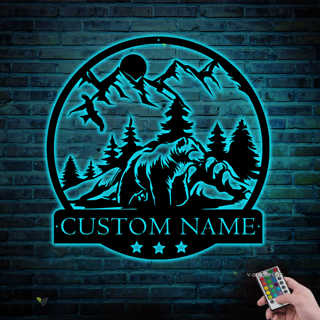 Custom Bear Family And Mountain Metal Sign Led Lights, Personalized Family Name Bear In Woods Metal Wall Art, Wildlife Bear Metal Cabin Sign