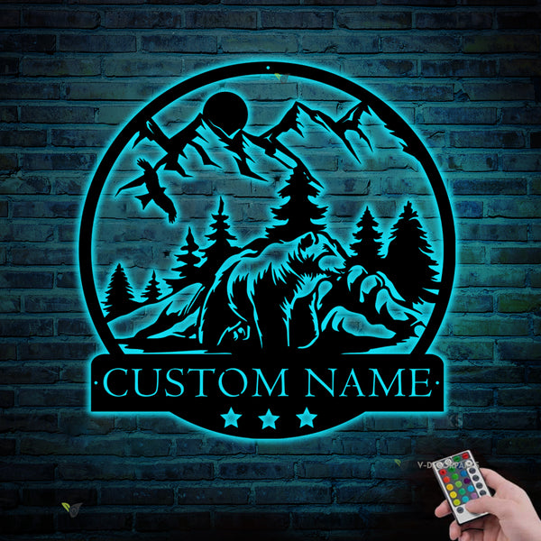 Custom Bear Family And Mountain Metal Sign Led Lights, Personalized Family Name Bear In Woods Metal Wall Art, Wildlife Bear Metal Cabin Sign