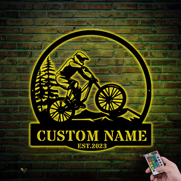 Downhill Mountain Biking Monogram Metal Sign Art Led Lights, Custom Mountain Biker Metal Name Sign, Mountain Bike Metal Led Sign Room Decor