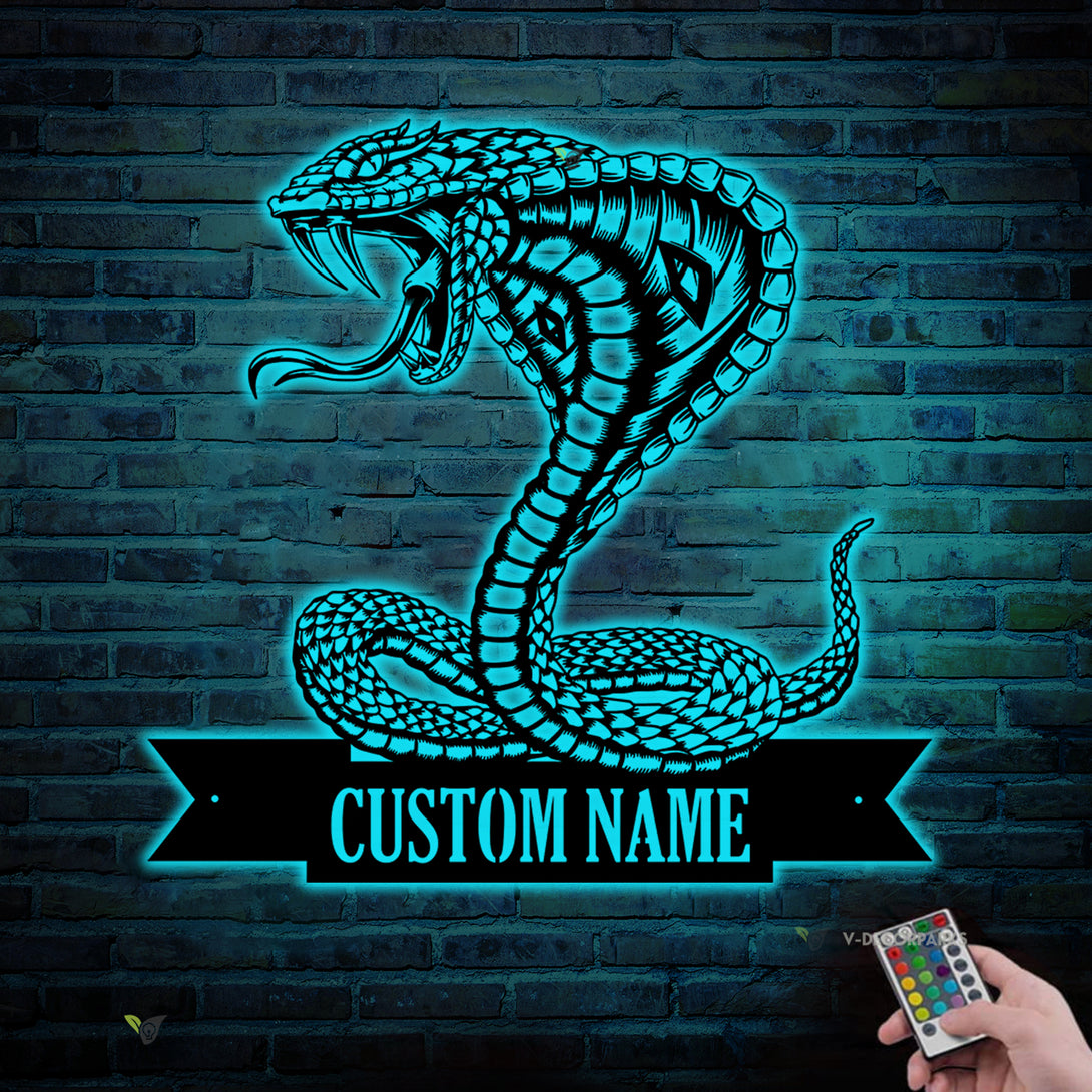 Custom King Cobra Snake Metal Wall Art Led Lights, Personalized King Cobra Rattlesnake Metal Name Sign, King Cobra Metal Sign Home Decor