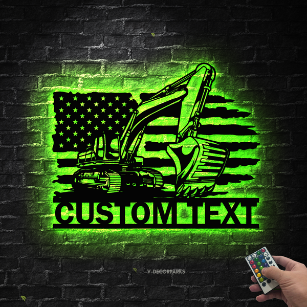 Personalized Us Flag Excavator Metal Wall Art Led Lights, Custom Excavator Driver Metal Name Sign, Excavator Heavy Equipment Metal Wall Sign Decor