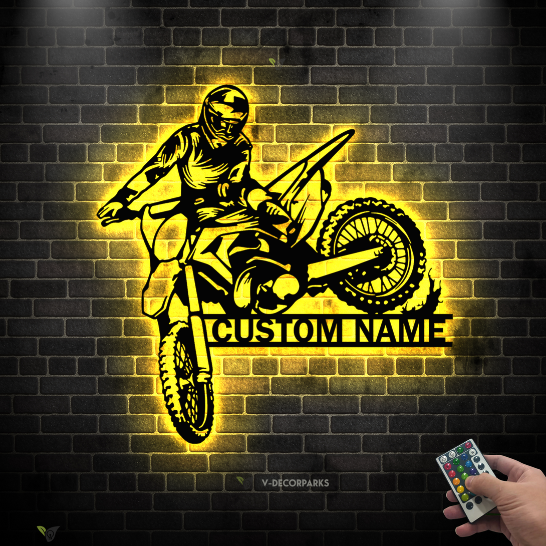 Custom Name Motocross Biker Metal Sign With Led Lights, Personalized Dirt Bike Metal Wall Art, Motorcycle Rider Metal Sign Wall Hanging Decor