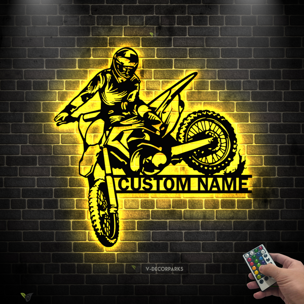 Custom Name Motocross Biker Metal Sign With Led Lights, Personalized Dirt Bike Metal Wall Art, Motorcycle Rider Metal Sign Wall Hanging Decor