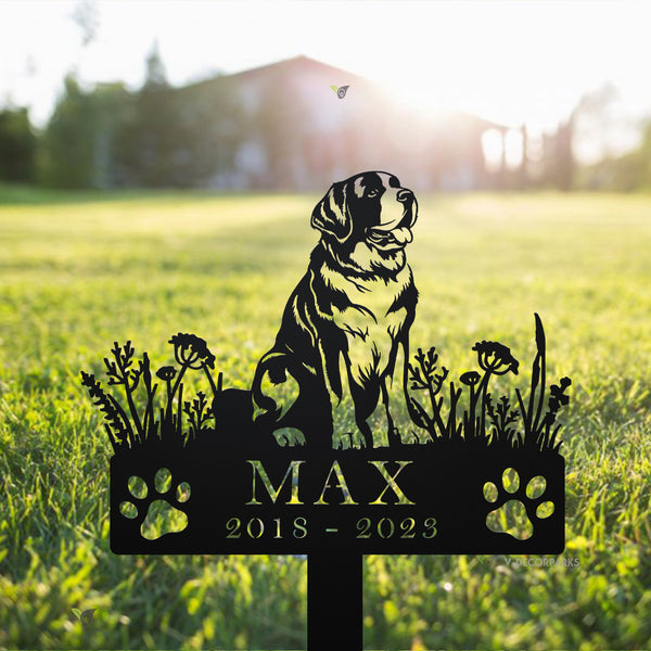 Personalized St. Bernard Dog Memorial Stake, Dog With Flowers Metal Grave Marker, Pet Loss Remembrance Stake, Dog Sympathy Metal Garden Sign