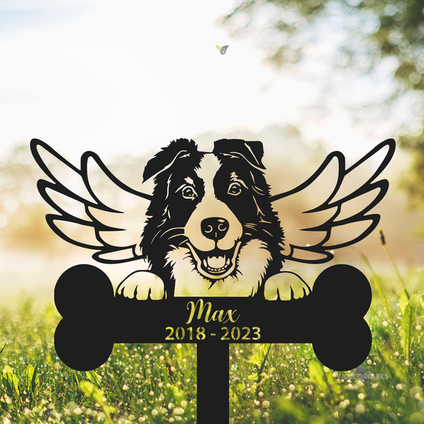 Custom Border Collie Dog Memorial Metal Stake, Dog With Wings Memorial Metal Garden Stake, Pet Metal Grave Marker, Dog Loss Remembrance Stake
