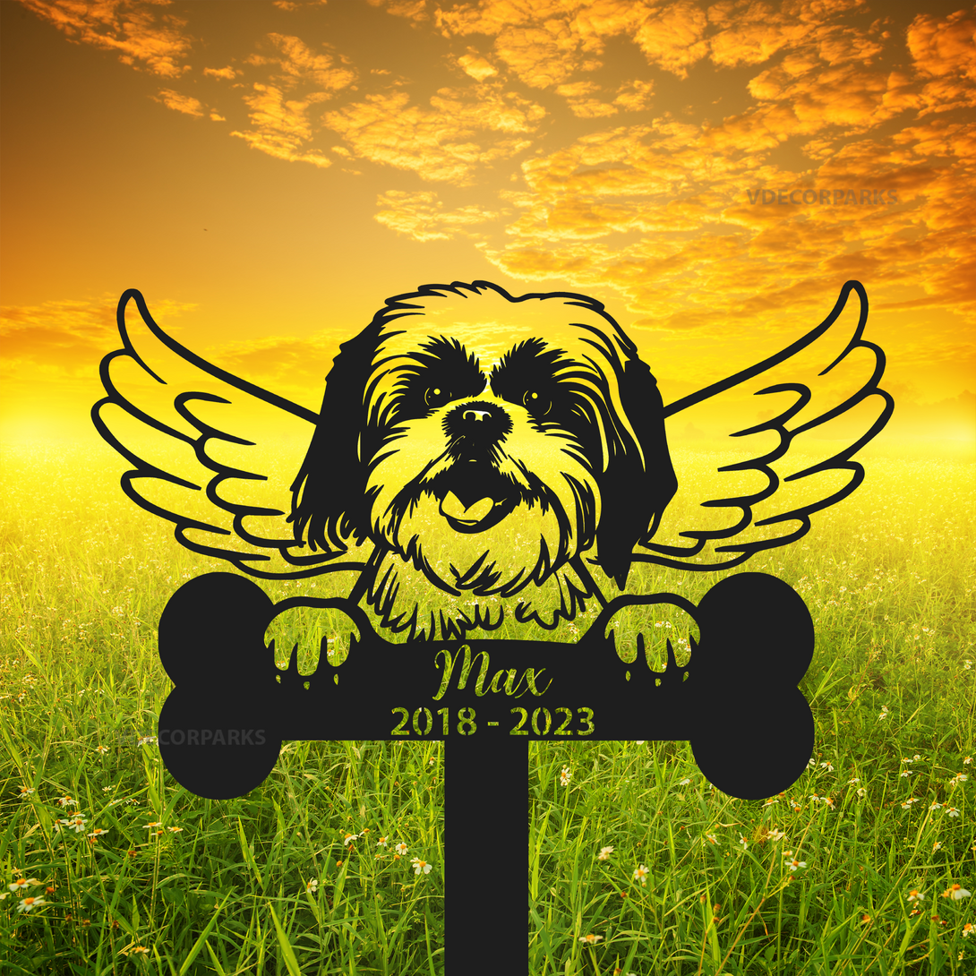 Personalized Shih Tzu Dog Memorial Metal Stake, Dog With Wings Memorial Metal Garden Stake, Pet Metal Grave Marker, Dog Loss Remembrance Stake