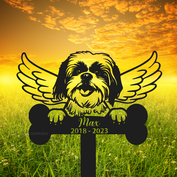 Personalized Shih Tzu Dog Memorial Metal Stake, Dog With Wings Memorial Metal Garden Stake, Pet Metal Grave Marker, Dog Loss Remembrance Stake