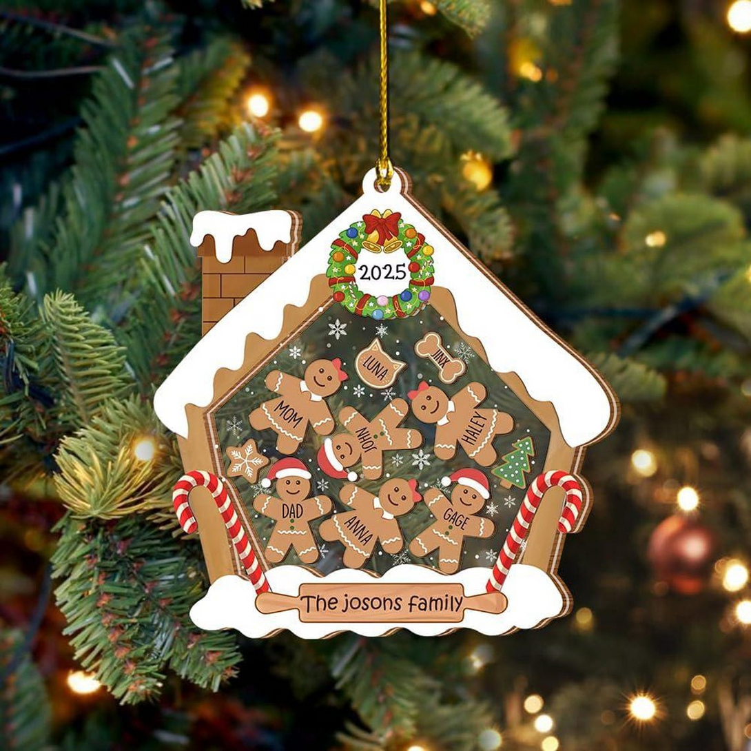 2025 Personalized Gingerbread House Shaker Ornament - Custom 4d Family Ornament With Names & Pets, Unique Christmas Gift