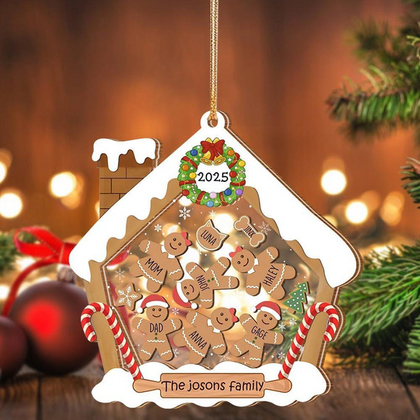 2025 Personalized Gingerbread House Shaker Ornament - Custom 4d Family Ornament With Names & Pets, Unique Christmas Gift