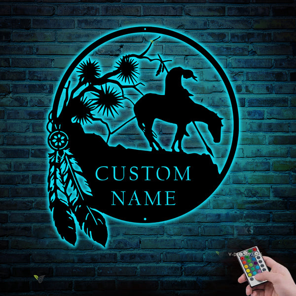 Custom Native American With Horse Metal Sign Led Lights, Indian Warrior Metal Wall Art, Native American End Of The Trail Metal Sign Home Decor