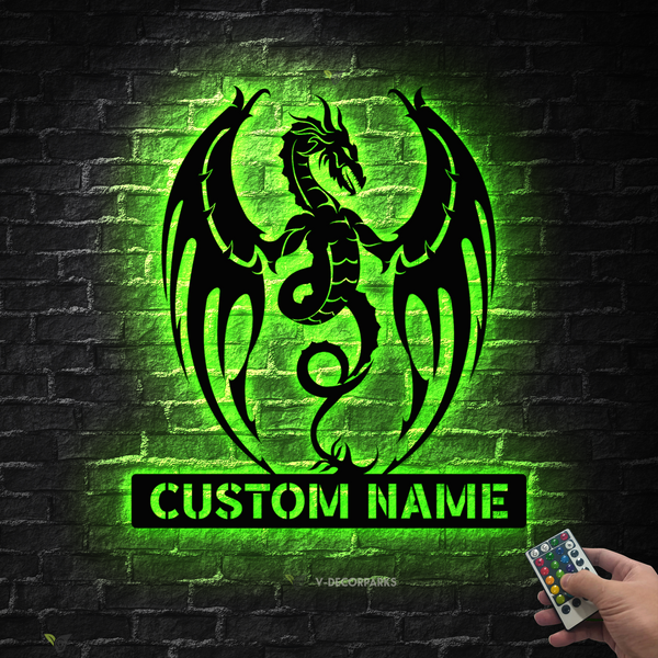 Custom Mythology Dragon Metal Wall Art With Led Lights, Personalized Mythical Dragon Metal Sign, Dragon Wall Art Metal Wall Hanging Sign