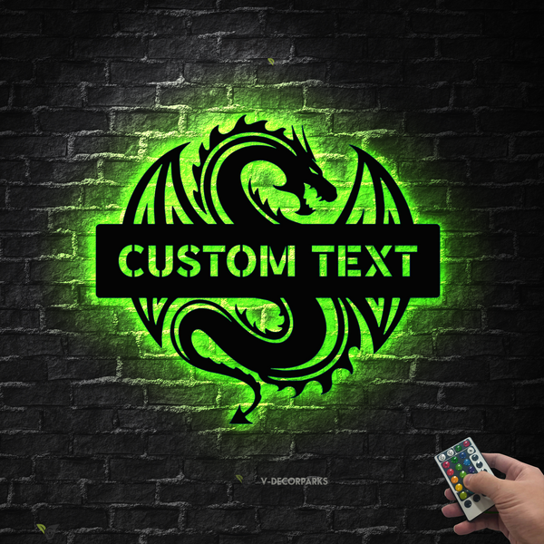 Custom Name Mythical Dragon Metal Sign With Led Lights, Personalized Mythology Dragon Metal Wall Art, Dragon Tattoo Metal Sign Art Home Decor
