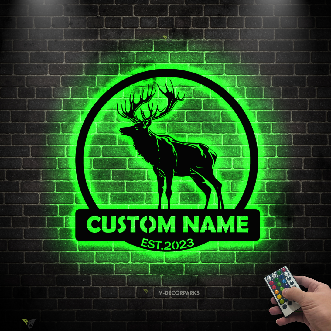 Custom Elk Deer Metal Wall Art With Led Lights, Personalized Elk Hunter Metal Name Sign, Caribou Deer Hunting Metal Cabin Sign Man Cave Decor