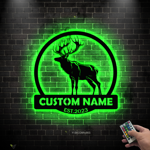Custom Elk Deer Metal Wall Art With Led Lights, Personalized Elk Hunter Metal Name Sign, Caribou Deer Hunting Metal Cabin Sign Man Cave Decor