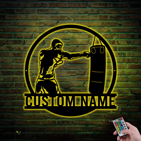 Custom Man Boxing Metal Wall Art With Led Lights, Personalized Boxer Metal Name Sign, Boxing Gym Fitness Metal Sign, Boxing Sport Metal Decor