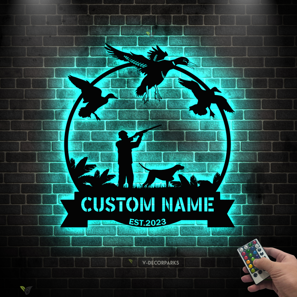 Custom Mallard Duck Hunting Metal Wall Art Led Lights, Personalized Lab With Hunter Metal Name Sign, Flying Duck Hunting Rustic Cabin Metal Signs