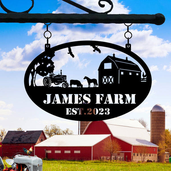 Personalized Barn Tractor Metal Farm Sign, Farm Animals Metal Entrance Sign, Custom Name Farmhouse Sign, Country House Ranch Metal Wall Art