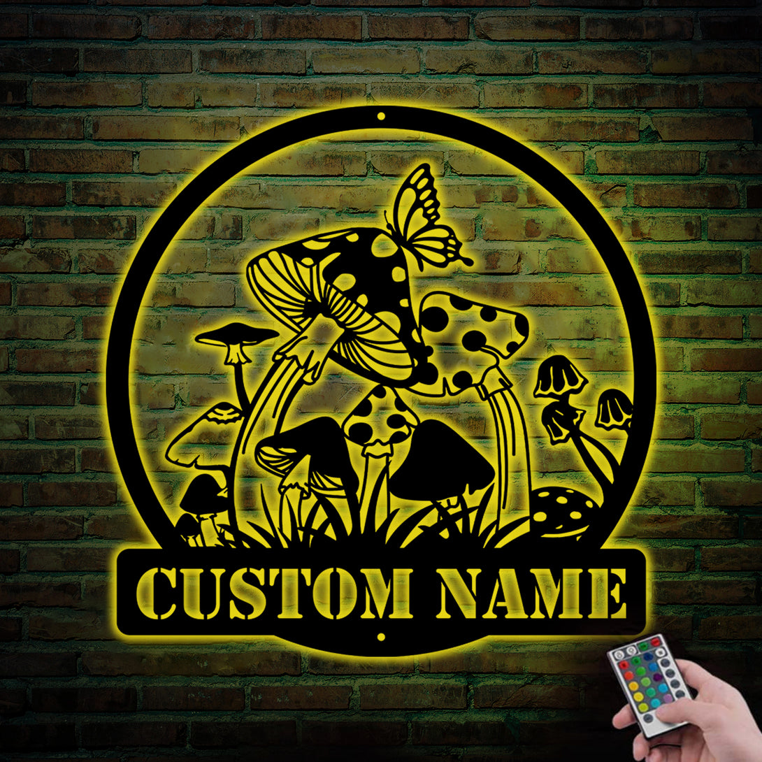 Custom Metal Mushrooms Garden Sign With Led Lights, Personalized Mushrooms Metal Wall Art, Mushroom Metal Garden Decor, Gift For Gardeners