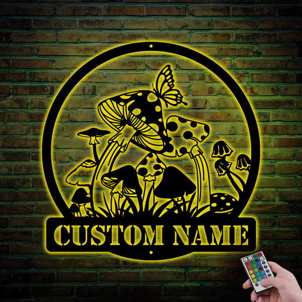 Custom Metal Mushrooms Garden Sign With Led Lights, Personalized Mushrooms Metal Wall Art, Mushroom Metal Garden Decor, Gift For Gardeners