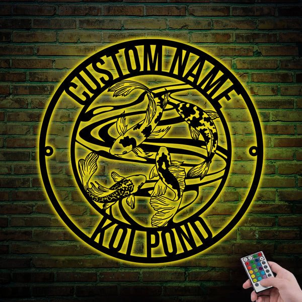 Personalized Koi Pond Metal Sign With Led Lights, Custom Koi Fish Metal Wall Art, Koi Pond Monogram Metal Name Sign, Koi Fish Metal Home Decor