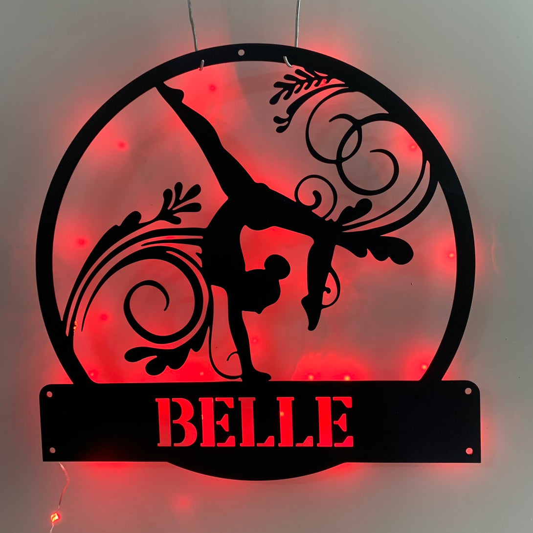 Custom Gymnastics Metal Wall Art Led Lights, Personalized Girl Gymnast Metal Name Sign, Female Gymnastics Sport Kid Room Metal Wall Led Sign